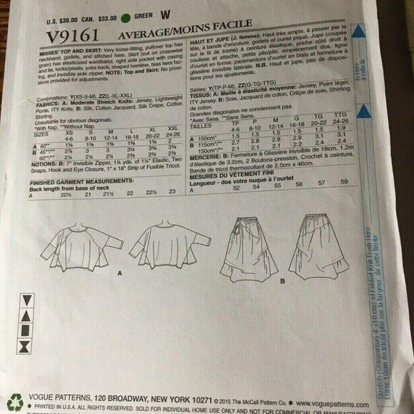Sewing Pattern Vogue V9161 Marcy Tilton Loose Fit Top and Skirt Size XS-M Uncut - Picture 6 of 7